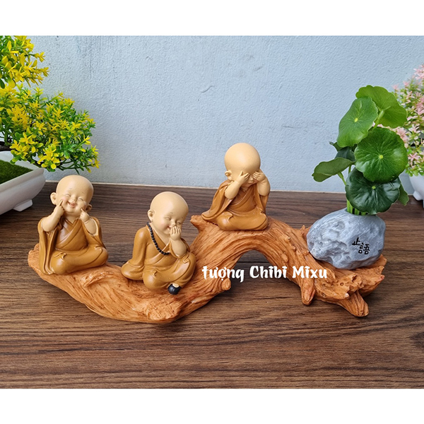 Set tượng Tam Không size nhí kèm chậu cây và chân đế giả gỗ size nhỏ